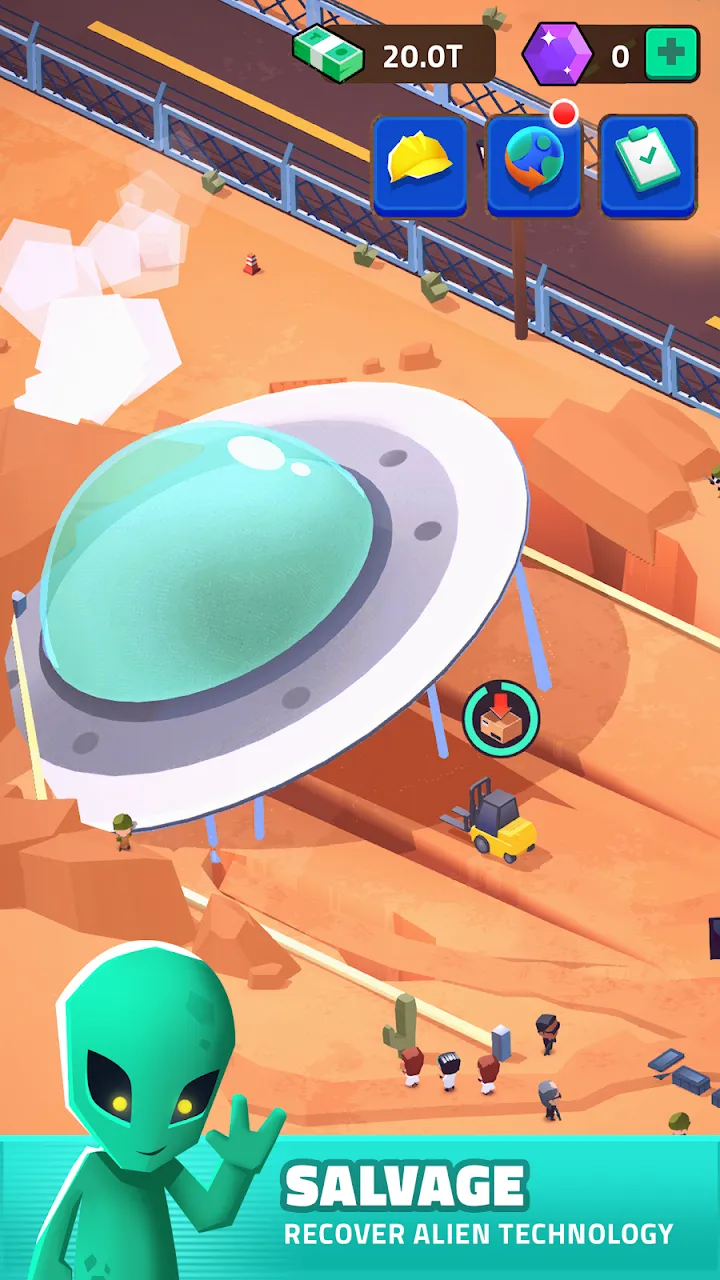 Rozbite UFO na pustyni z obcym i napisem Salvage